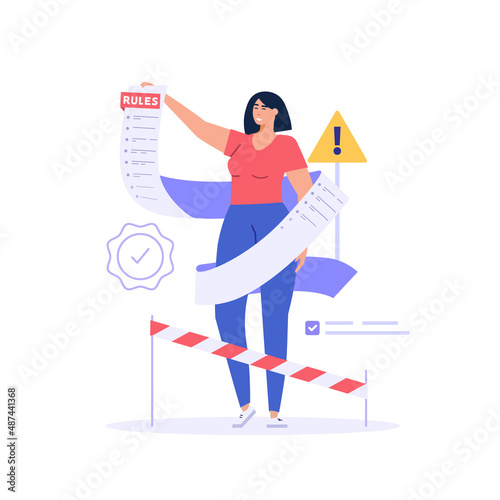 Concept of rules and regulations, company policy, corporate law and business ethics. Business woman demonstrating checklist of rules and regulation standards. Vector illustration in flat design