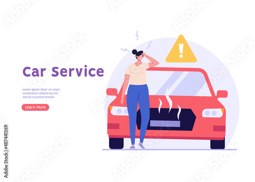 Concept of car accident, broken vehicle, car breakdown, breaking automobile, crash. Sad woman standing beside car with auto breakdown without car insurance. Girl in car accident. Vector illustration