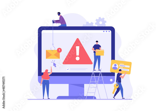 Concept of hacker attack, fraud investigation, internet phishing attack. Hacker team hacking computer. Internet theft stealing privacy data, account and password. Vector illustration in flat design