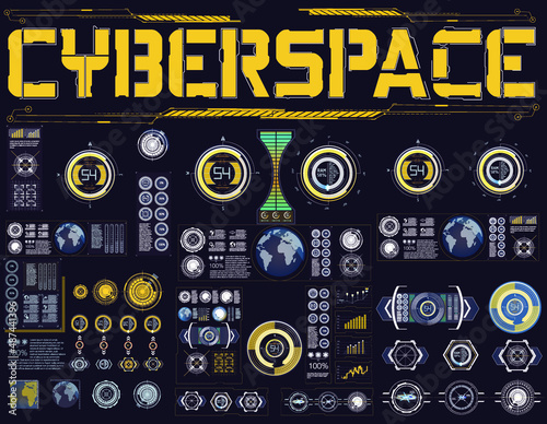 Target control panel or radar digital screen, game VR and crosshair dashboard Futuristic HUD, FUI, Virtual Interface. Callouts titles and frame in Sci- Fi style.Futuristic info boxes layout templates.