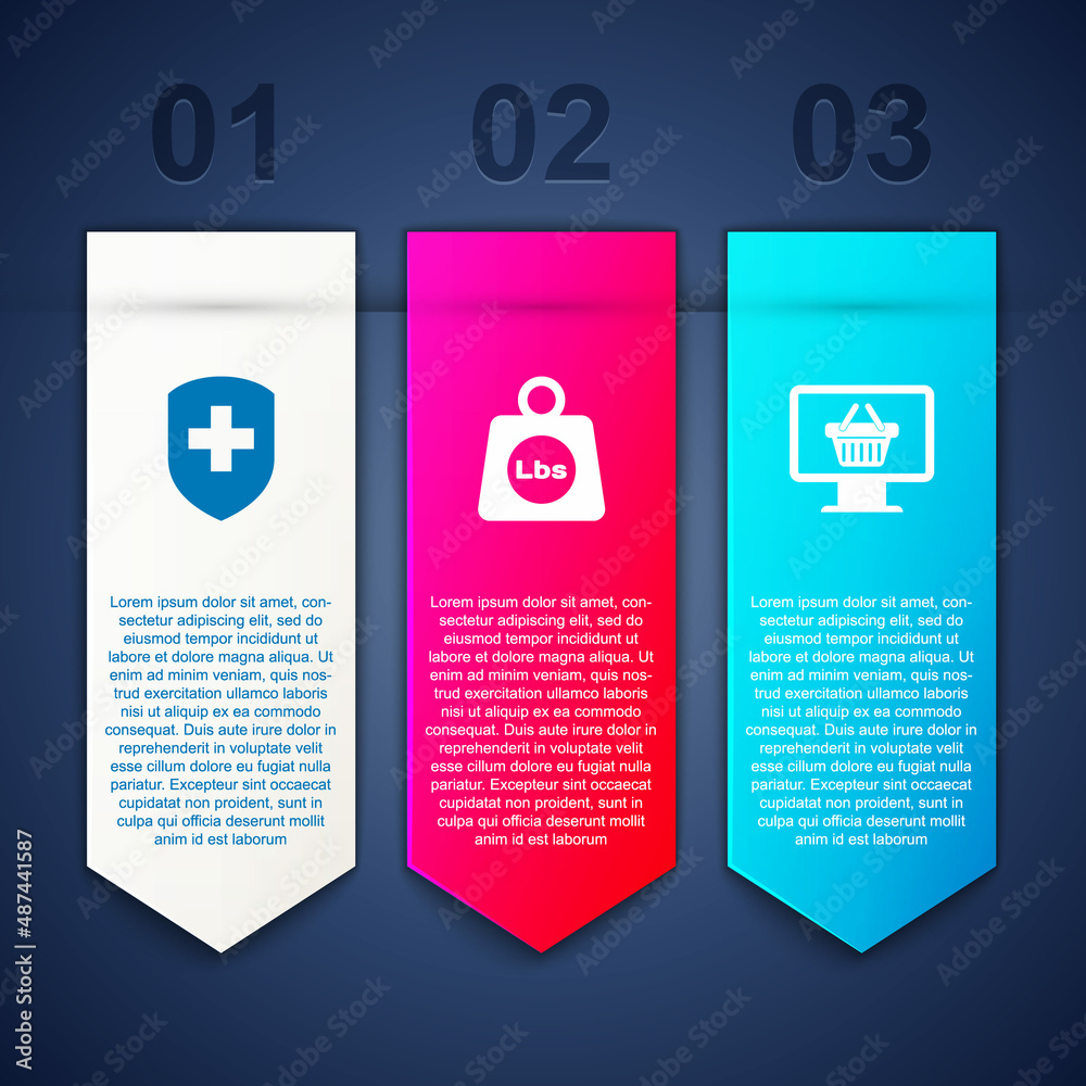 Set Medical shield with cross, Weight pounds and Monitor shopping basket. Business infographic template. Vector Set Medical shield with cross, Weight pounds and Monitor shopping basket. Business infographic template. Vector
