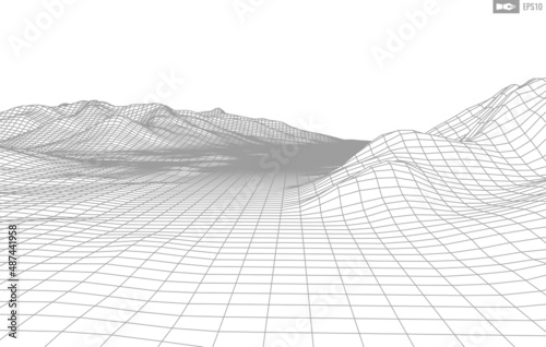 Wireframe landscape on white background. Abstract geometric vector technology background. 3d vector digital background.