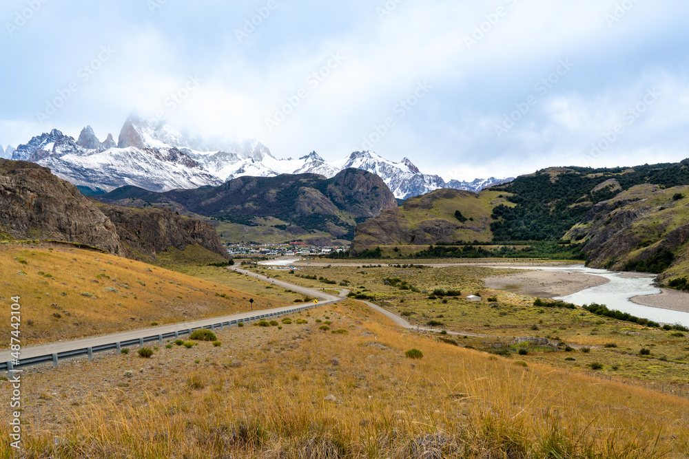 Argentina, Patagonia, landscape before arriving in the city of El Chaltén. In the background El Chaltén and the Fitz Roy mountains.