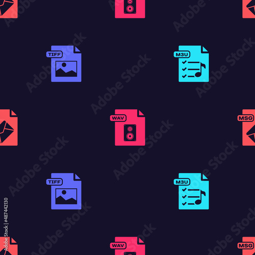 Set M3U file document, TIFF, WAV and MSG on seamless pattern. Vector