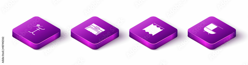 Set Isometric Coat stand, Grand piano, Curtains and Bathtub with shower curtain icon. Vector Set Isometric Coat stand, Grand piano, Curtains and Bathtub with shower curtain icon. Vector