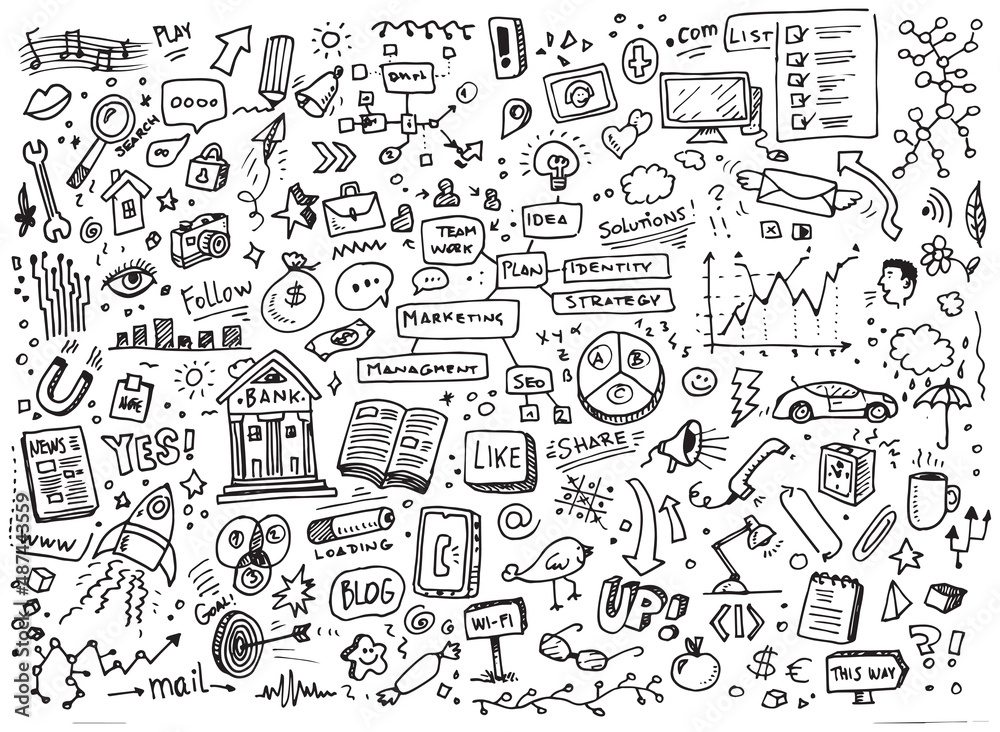 Social media and business doodle hand drawn vector illustration