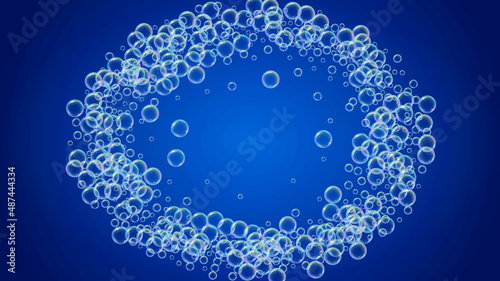 Soap foam. Detergent bath bubble and suds for bathtub. Shampoo. 3d vector illustration concept. Blue fizz and splash. Realistic water frame and border. Aqua colorful liquid soap foam.