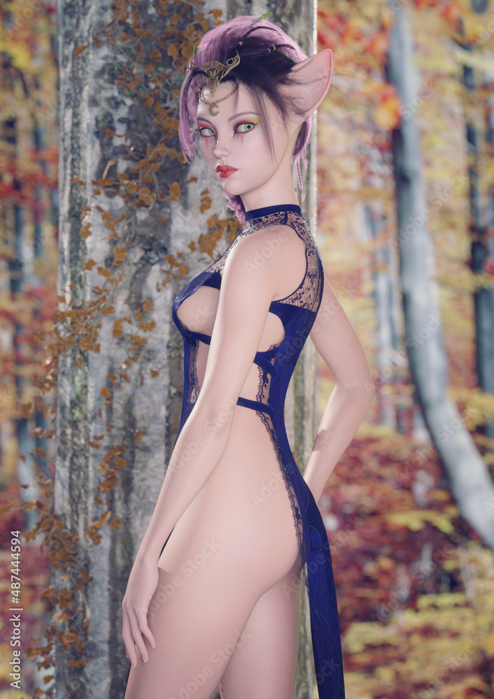 A 3d digital render of an elf or fairy fantasy woman with purple hair with crown and strappy fantasy dress, standing in the autumn woods. A 3d digital render of an elf or fairy fantasy woman with purple hair with crown and strappy fantasy dress, standing in the autumn woods.