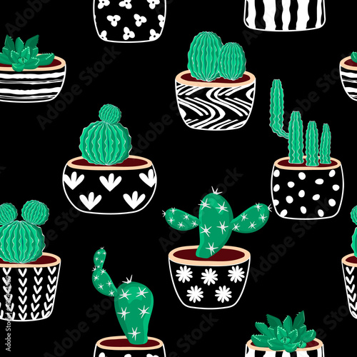 Seamless  pattern from different  cacti in black and white flowerpots with an ornament.Vector hand drawn illustration with green plants on black .Trendy  background and texture for printing on fabric.
