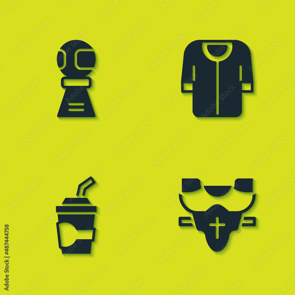 Set Award cup with baseball ball, Player chest protector, Paper glass water and Baseball t-shirt icon. Vector Set Award cup with baseball ball, Player chest protector, Paper glass water and Baseball t-shirt icon. Vector