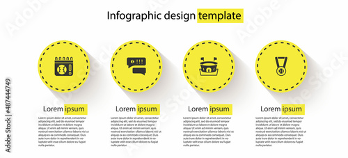 Set Calendar with baseball game, Speech bubble chat, Baseball arena and Medal. Business infographic template. Vector