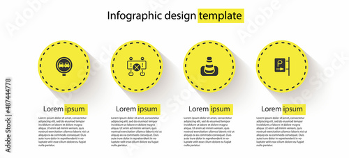 Set No overtaking road traffic, Road barrier, Traffic cone and Parking. Business infographic template. Vector