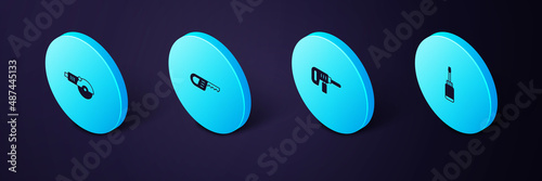 Set Isometric Screwdriver, Electric drill machine, Reciprocating saw and Angle grinder icon. Vector