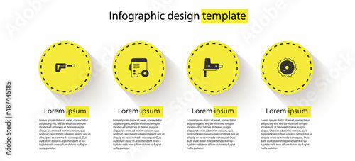Set Rotary hammer drill machine, Power electric generator, Electric jigsaw and Circular blade. Business infographic template. Vector