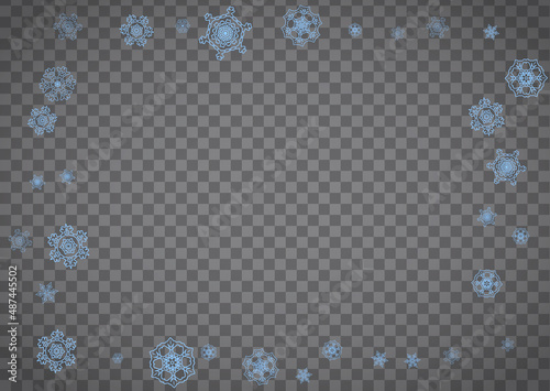 Snowflakes frame on transparent background. Christmas and Happy New Year. Isolated horizontal snowflakes frame for banners, gift cards, party invitation, partner compliment and special business offer