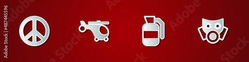 Set Peace, Helicopter, Hand grenade and Gas mask icon. Vector