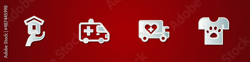 Set Shelter for homeless, Ambulance car, Humanitarian truck and Animal volunteer icon. Vector