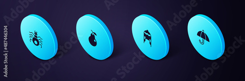Set Isometric Umbrella, Winter hat, Pear and Spider icon. Vector