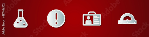 Set Test tube, Speech bubble and Exclamation, Identification badge and Protractor grid icon. Vector