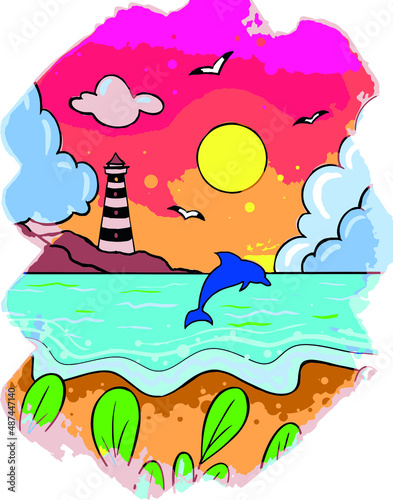 Vector drawing of a beach island sea sunset Concept travel