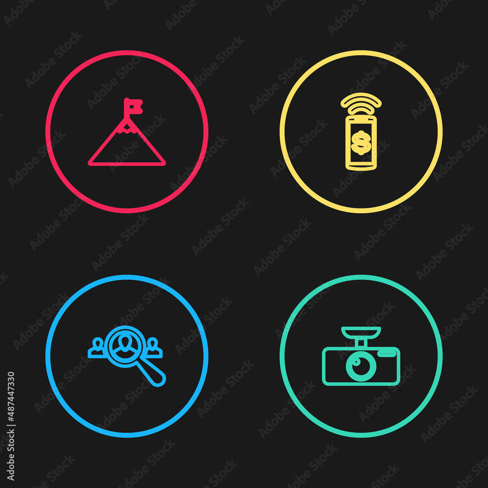 Set line Magnifying glass for search people, Car DVR, Contactless payment and Mountains and flag icon. Vector Set line Magnifying glass for search people, Car DVR, Contactless payment and Mountains and flag icon. Vector