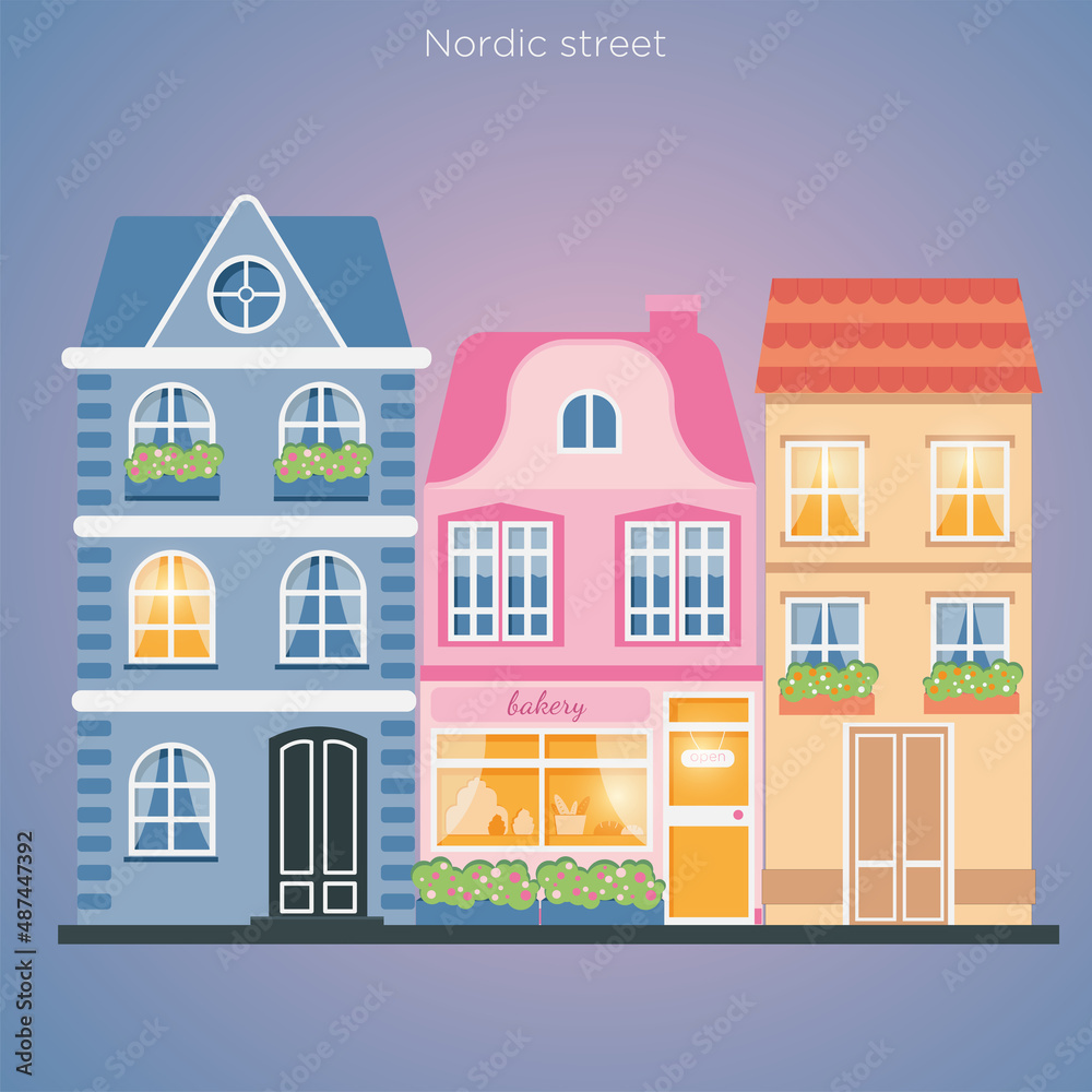 Illustration of street of watercolor scandinavian houses, flowers on the windowsill, bakery on the ground floor.
