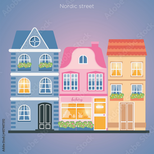 Illustration of street of watercolor scandinavian houses, flowers on the windowsill, bakery on the ground floor.
