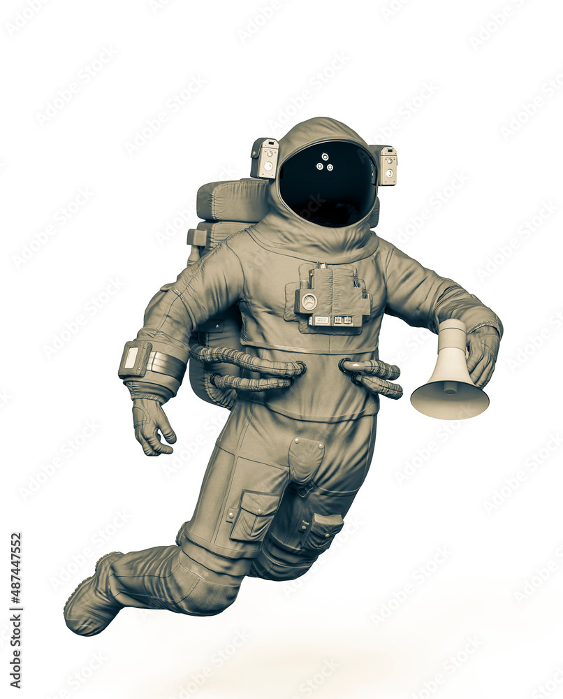 astronaut is drifting and holding a bullhorn on his hand astronaut is drifting and holding a bullhorn on his hand