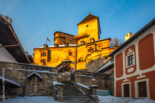 The medieval Orava Castle at sunset in winter season, Slovakia, Europe.