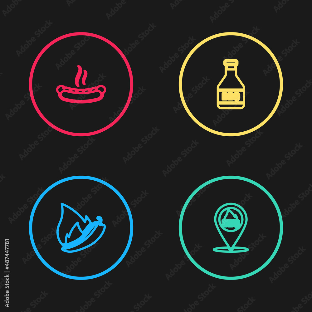 Set line Hot chili pepper pod, Location with barbecue, Ketchup bottle and Hotdog sandwich icon. Vector Set line Hot chili pepper pod, Location with barbecue, Ketchup bottle and Hotdog sandwich icon. Vector