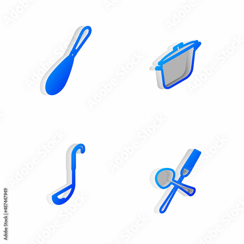 Set Isometric line Cooking pot, Kitchen whisk, ladle and Crossed fork and spoon icon. Vector