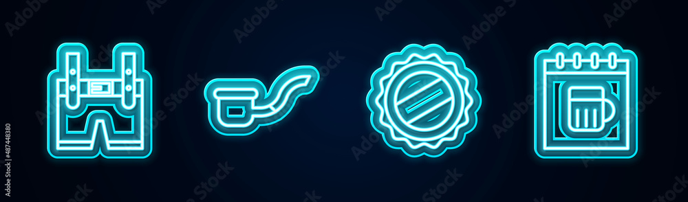 Fototapeta premium Set line Lederhosen, Smoking pipe, Bottle cap and Saint Patricks day calendar. Glowing neon icon. Vector