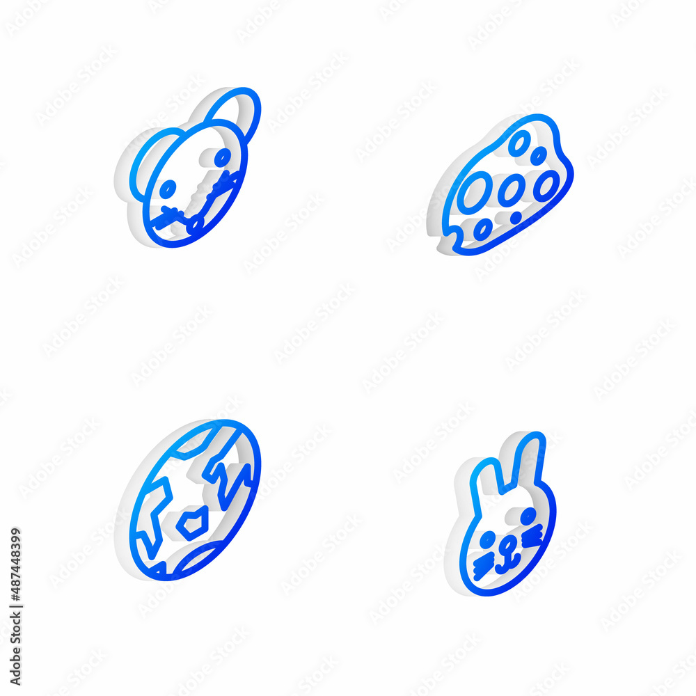 Set Isometric line Asteroid, Rat zodiac, Planet Earth and Rabbit icon. Vector
