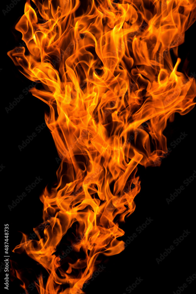 Bright orange yellow red Fire flame against black background, abstract texture
Bright orange yellow red Fire flame against black background, abstract texture