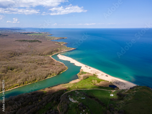 Aerial view of beach at the mouth of the Veleka River  Bulgaria