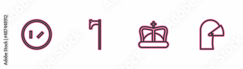 Set line Round wooden shield, King crown, Medieval axe and iron helmet icon. Vector