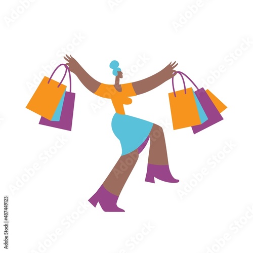People shopping. Girl run with shopping bags in her hands. Concept of sale, shopping, buyer © Doloves