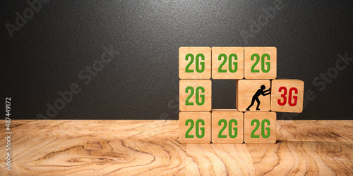 many cubes labeled with 2G (German abbreviation for recovered or vaccinated) and a person symbol pushing out cube with 3G label (in German 2G + tested) on wooden background photo