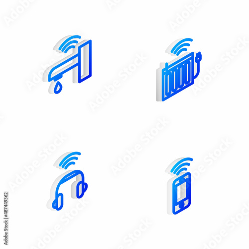 Set Isometric line Smart heating radiator, water tap, headphones and Wireless smartphone icon. Vector