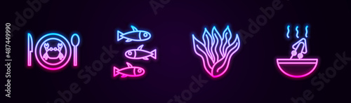 Set line Served crab on a plate, Fishes, Seaweed and Soup with octopus. Glowing neon icon. Vector