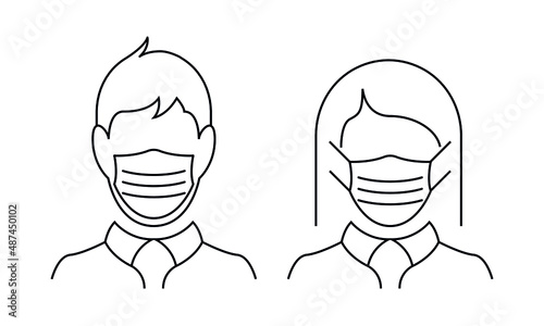 Man and woman with face protection mask against covid-19. Vector icon of people wearing protective mask against covid-19, symbol of protection.Vector illustration isolated on a white background