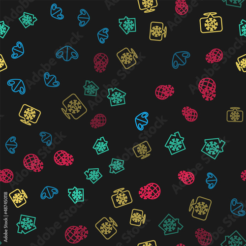 Set line Medical protective mask, Stay home, Corona virus on location and Earth globe with on seamless pattern. Vector