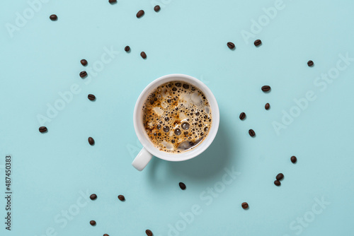 simple classic hot cup of tea view from above, colorful background with copy space