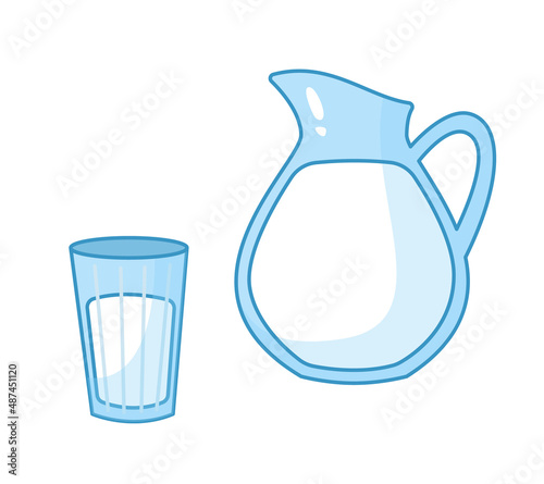 Glass carafe and faceted glass with milk. Vector illustration of healthy baby drink in cartoon childish style. Isolated funny clipart on white background. cute print.