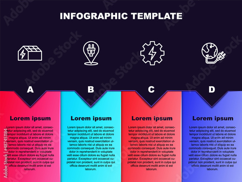 Set line Solar energy panel, Electric plug, Gear and lightning and Global power planet. Business infographic template. Vector photo