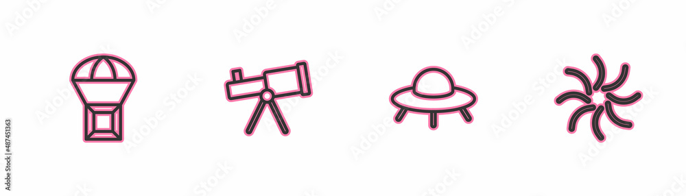 Set line Box flying on parachute, UFO spaceship, Telescope and Black hole icon. Vector