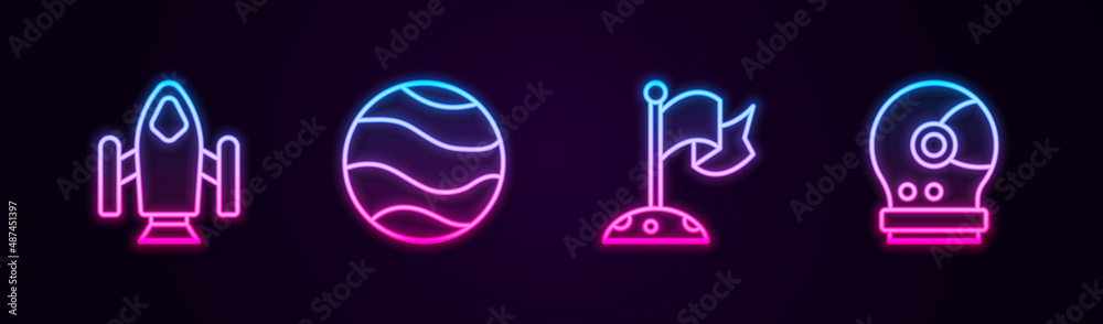 Set line Rocket ship, Planet, Moon with flag and Astronaut helmet. Glowing neon icon. Vector