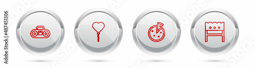 Set line Home stereo with two speakers, Balloons in form of heart, Homemade pie and BBQ brazier. Silver circle button. Vector