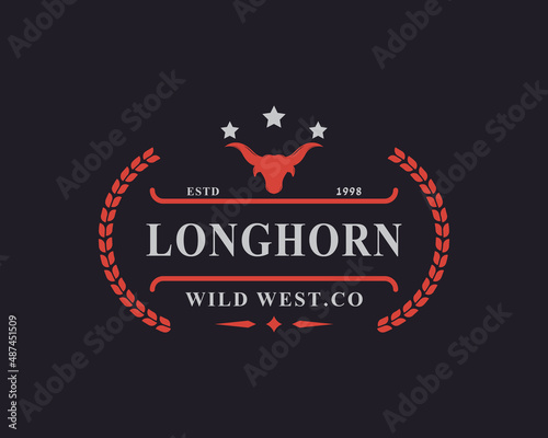 Vintage Retro Badge for Texas Longhorn Cow, Country Western Bull Head Family Countryside Farm Logo Design Template Element