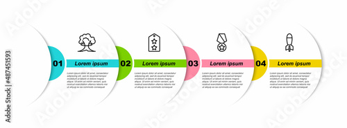 Set line Nuclear explosion, Military rank, reward medal and Rocket launcher. Business infographic template. Vector